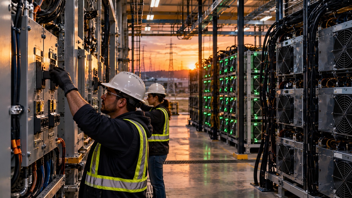 Technicians operate electrical controls inside a Bitcoin mining facility during grid curtailment, with transmission towers visible outside.