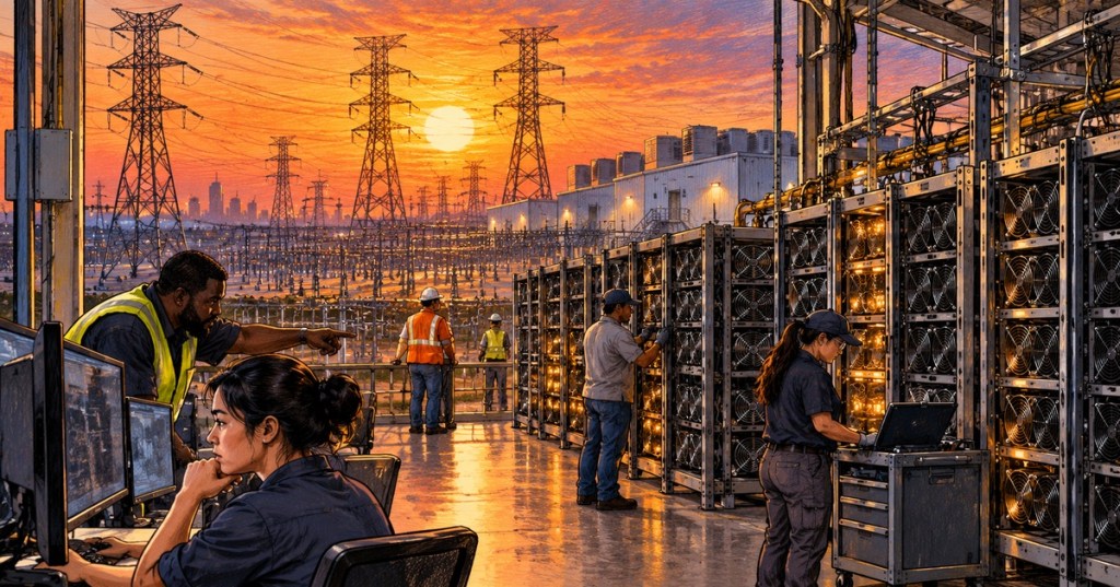 Realistic color-pencil illustration of a Texas Bitcoin mining facility, power grid, and technicians during summer peak-demand curtailment.