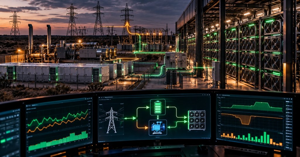 Bitcoin mining site connected to batteries, generators and the Texas power grid with real-time control dashboards.