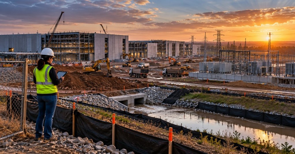 Original realistic editorial illustration of a Texas data-center construction site, stormwater controls, an electrical substation, and a safety inspector. Concept artwork; not a specific affected facility.