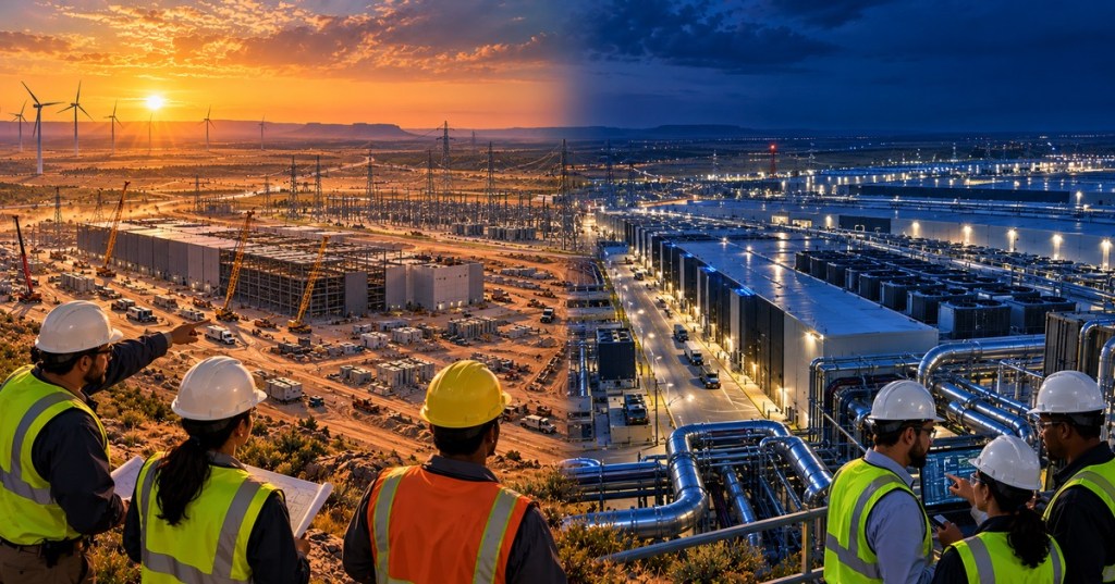 Original split-screen editorial image with a Texas data center construction site at sunset and an illuminated operational AI campus at night, engineers observing both scenes