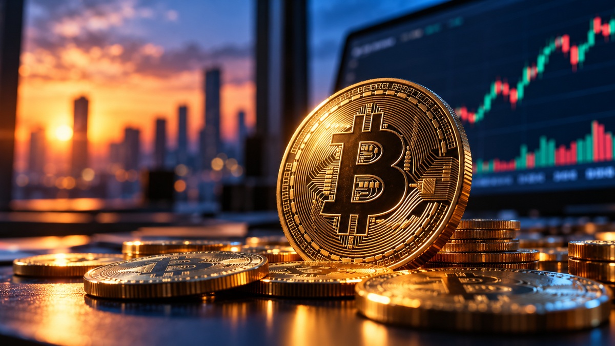Photorealistic close-up of Bitcoin coins beside a market screen and city skyline, representing regulated stock-market access to Bitcoin.