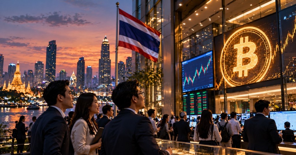 Photorealistic editorial scene in Bangkok showing Thai financial professionals, the Thai flag, market screens and a prominent Bitcoin symbol as Thailand prepares locally listed crypto ETFs.