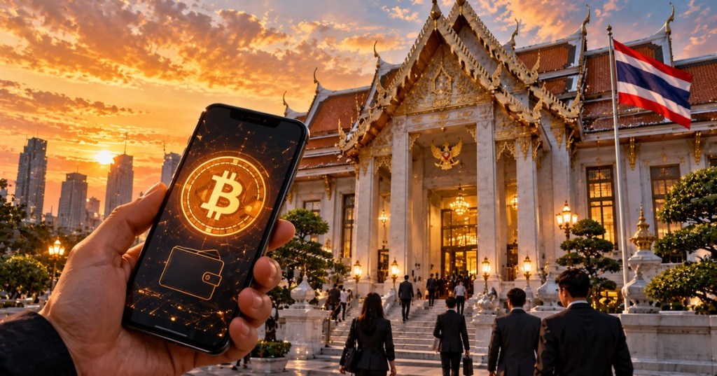 Conceptual editorial illustration of a smartphone showing a Bitcoin icon outside a Thai courthouse at sunset, with the Thai flag flying