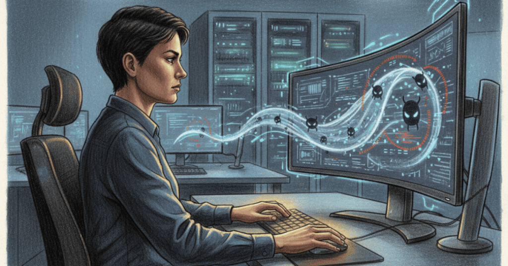 Colored-pencil illustration of a cybersecurity defender monitoring AI-driven network threats at a workstation.
