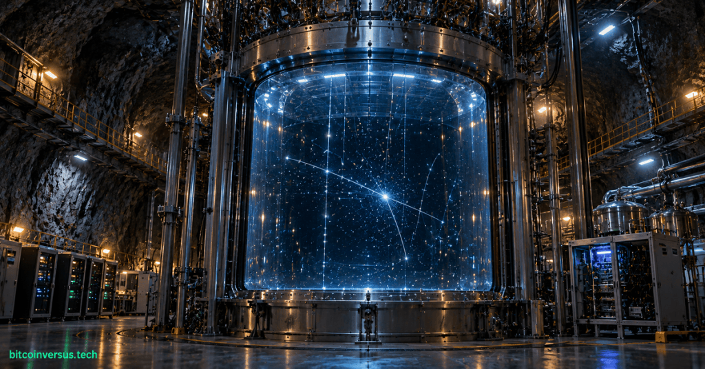 Underground cryogenic particle detector glowing blue inside a rock cavern, illustrating the LUX-ZEPLIN dark matter search