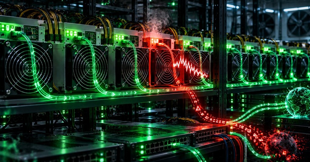 Bitcoin mining ASICs running stable stock firmware beside one unstable machine showing a corrupted network path and thermal warning.