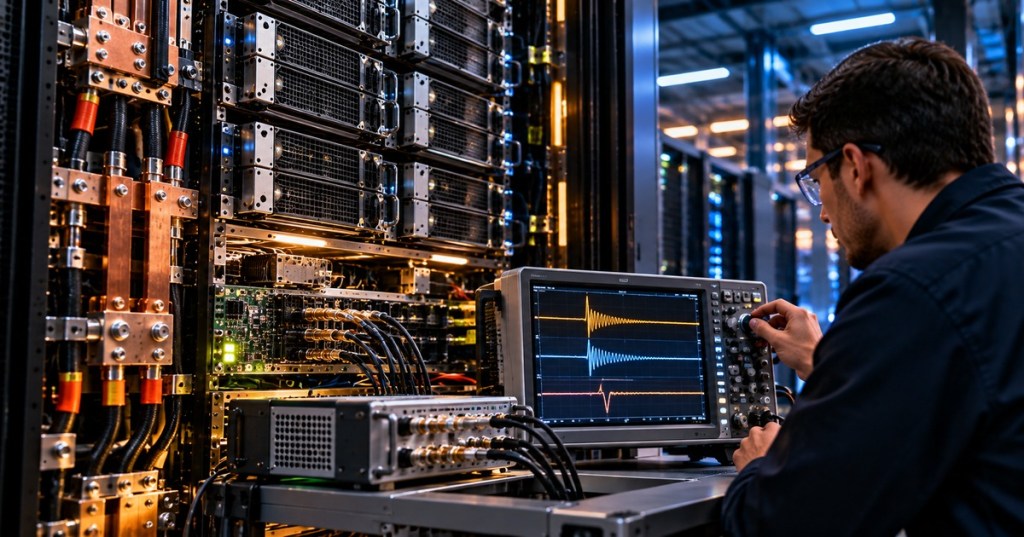 Technician using an oscilloscope to diagnose fast power transients inside an AI data center rack