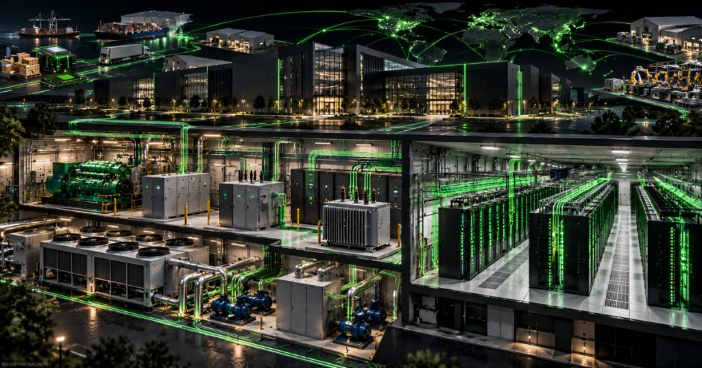 Minimal black and neon-green technical illustration of a data center campus, critical infrastructure, and global supply chain connected through a common quality framework.