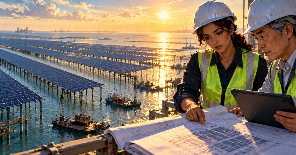 Original photo-and-anime-style editorial illustration of two engineers reviewing a tidal-flat solar-panel project at sunset