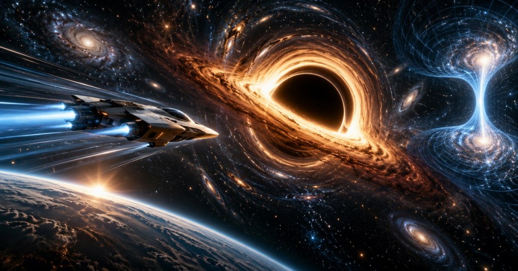 A spacecraft crossing a luminous star field beside a black hole and a hypothetical wormhole, illustrating three theories of time travel.