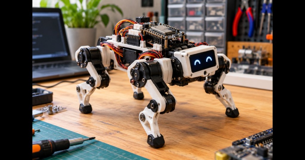 Original realistic editorial illustration of a four-legged DIY robot on an electronics bench