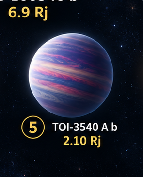 Illustrative rendering of TOI-3540 A b from the BitcoinVersus.Tech exoplanet scale comparison, labeled at 2.10 Jupiter radii.