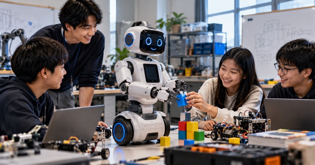 Editorial image of a friendly wheeled humanoid robot working with students in a robotics classroom.
