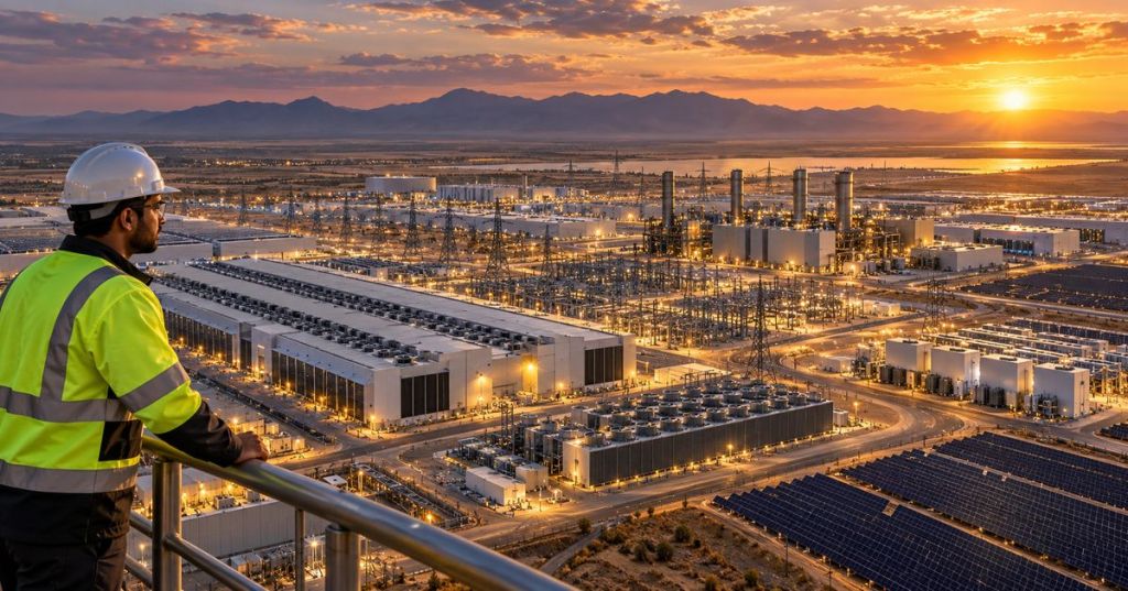 Energy infrastructure engineer overlooking an extensive data center, gas-generation, transmission and solar campus at sunset; conceptual editorial artwork