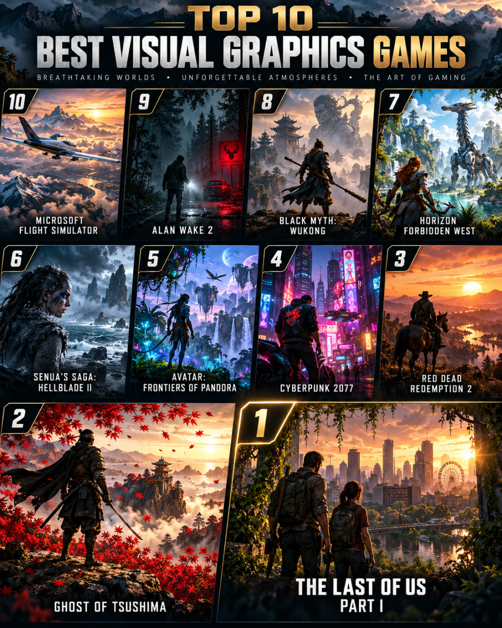 Countdown graphic ranking ten visually striking games from Microsoft Flight Simulator through The Last of Us Part I.