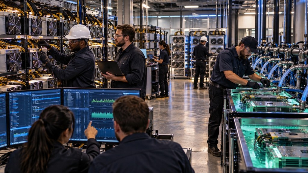 Mining technicians monitoring ASIC racks, hydro-cooling loops and immersion systems inside a modern Bitcoin mining facility.