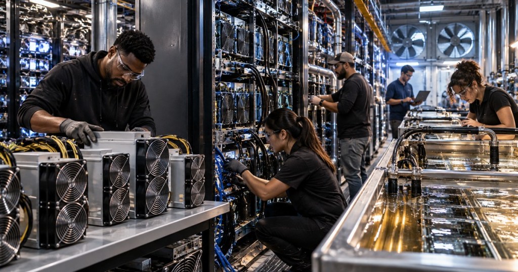Technicians working on air-cooled, hydro-cooled and immersion-cooled Bitcoin mining hardware inside a modern industrial mining data center.