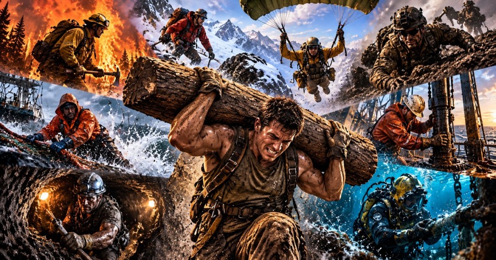 Editorial montage of physically demanding jobs including logging, firefighting, mountaineering, parachuting, oil rig work, mining and deep-sea diving.