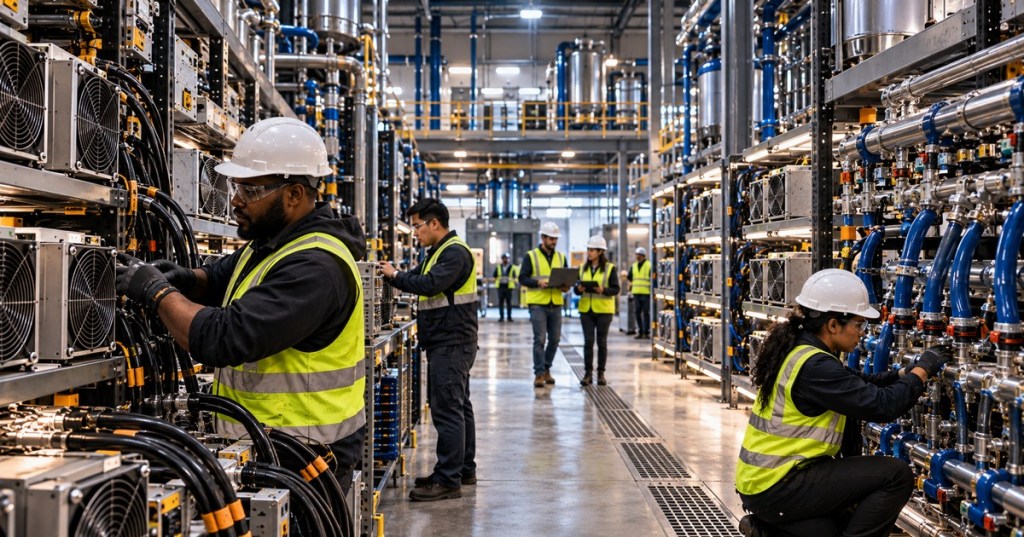 Technicians service high-density hydro-cooled Bitcoin mining racks inside a large industrial facility, representing the highest-hashrate ASIC machines of 2026.