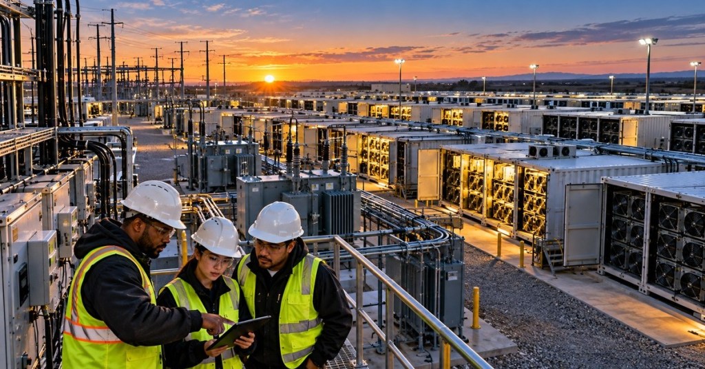 Bitcoin mining engineers inspecting modern ASIC racks and power infrastructure, illustrating profitability at eight-cent-per-kWh electricity.