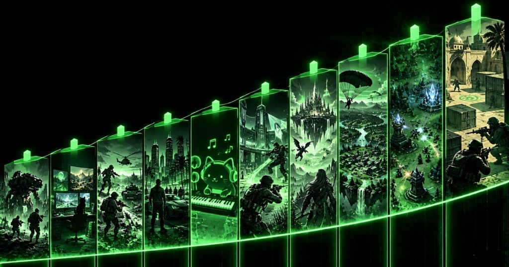 Black and neon-green technical illustration showing ten ascending game-world panels representing the ten most-played Steam titles by current player count.