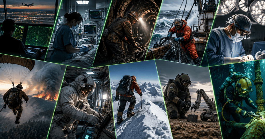 Editorial collage representing ten physically and mentally demanding careers, including air traffic control, intensive care nursing, mining, commercial fishing, trauma surgery, smokejumping, astronauts, high-altitude mountain guides, explosive ordnance disposal, and saturation diving.