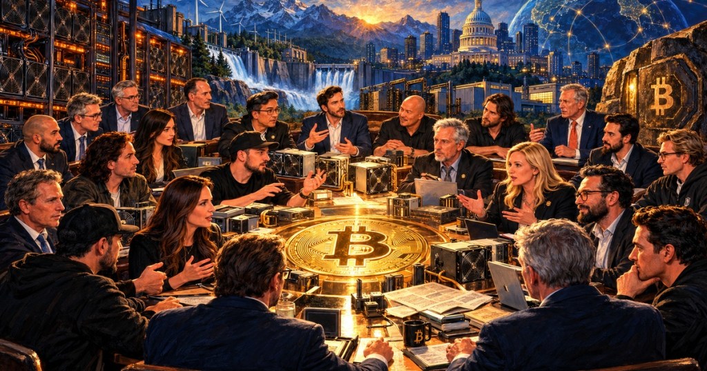 Detailed realistic oil painting of Bitcoin speakers gathered around a roundtable with mining hardware, power infrastructure, servers and a glowing Bitcoin symbol.