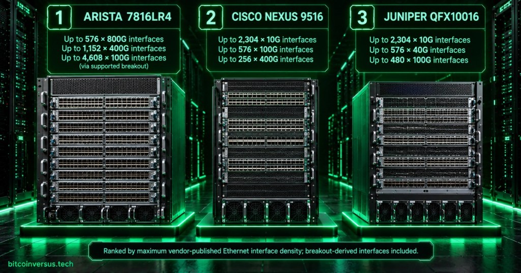 Ranked comparison of Arista 7816LR4, Cisco Nexus 9516 and Juniper QFX10016 modular data center switches by maximum Ethernet interface density.