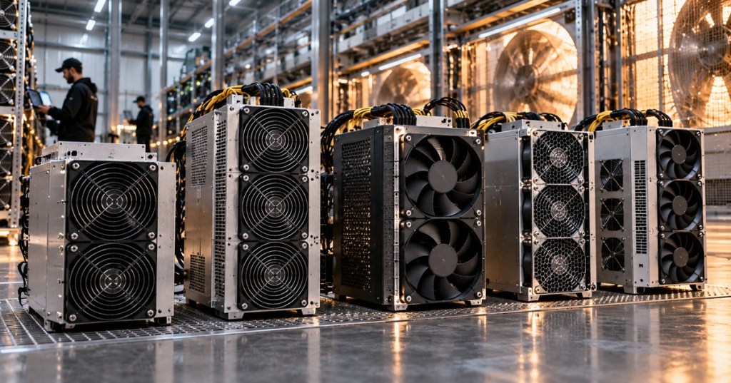 Five high-power air-cooled Bitcoin ASIC miners arranged inside an industrial mining facility with large ventilation fans.