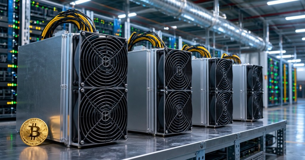 Five air-cooled Bitcoin ASIC mining machines in a modern mining facility