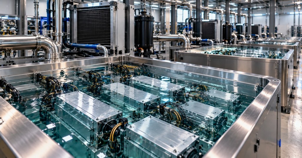 Immersion-cooled Bitcoin ASIC miners submerged in dielectric fluid inside a modern mining facility