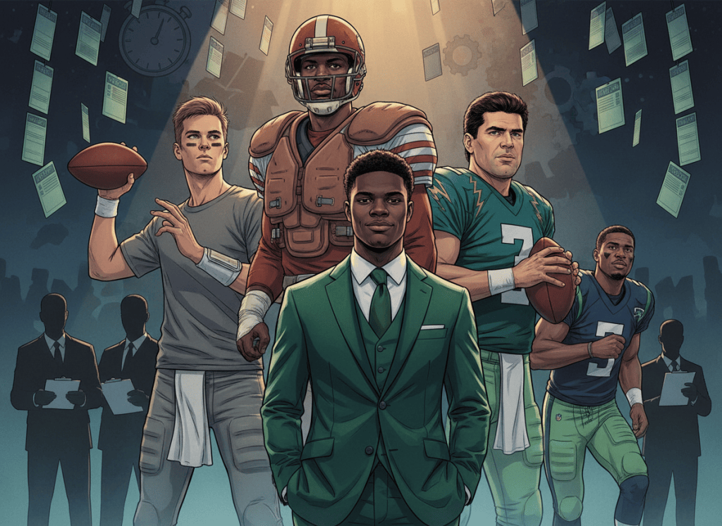 Editorial illustration showing Lamar Jackson in front of four other historically underestimated quarterbacks against a dramatic NFL draft evaluation backdrop.