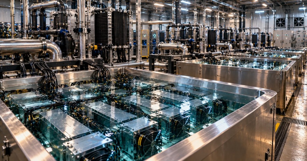 Large industrial Bitcoin mining facility with rows of immersion cooling tanks and submerged ASIC miners