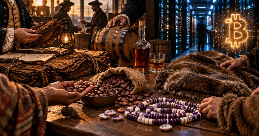 Colonial tobacco, whiskey, cacao beans, wampum shells and fur arranged beside a modern Bitcoin-themed data center