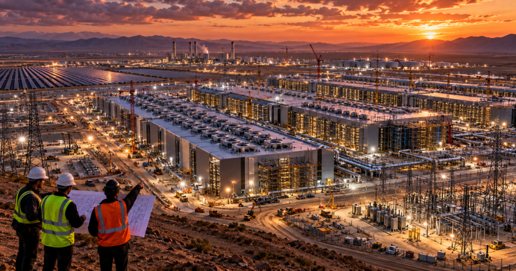 Engineers overlooking a large AI data center megaproject with construction cranes, substations and solar fields