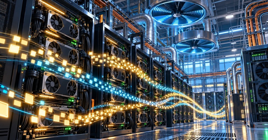 Anime-style editorial illustration of GPU servers, cooling infrastructure and streams of AI tokens representing inference energy efficiency.