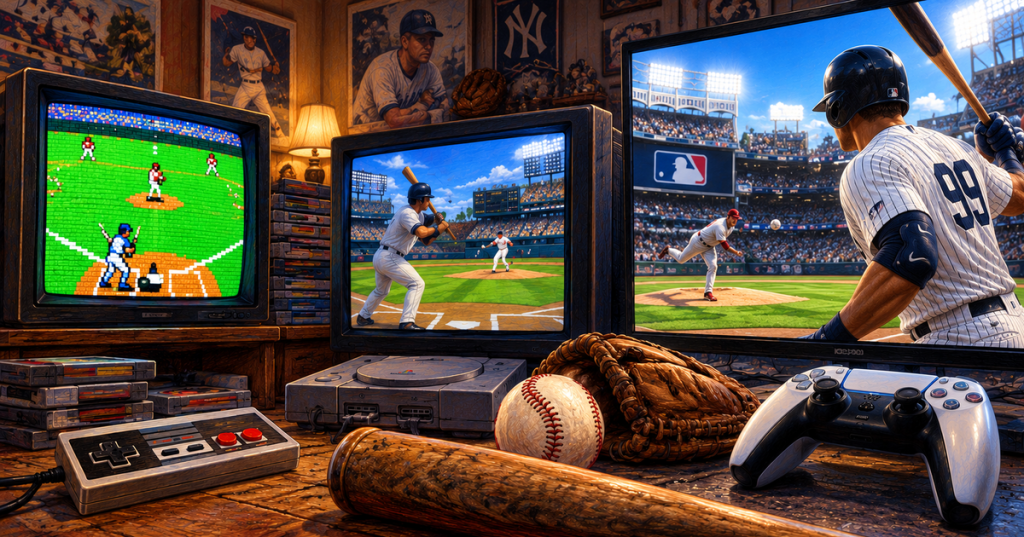 Wordless realistic colored-pencil illustration showing the evolution of baseball video games from retro pixel baseball to modern high-definition baseball simulation.