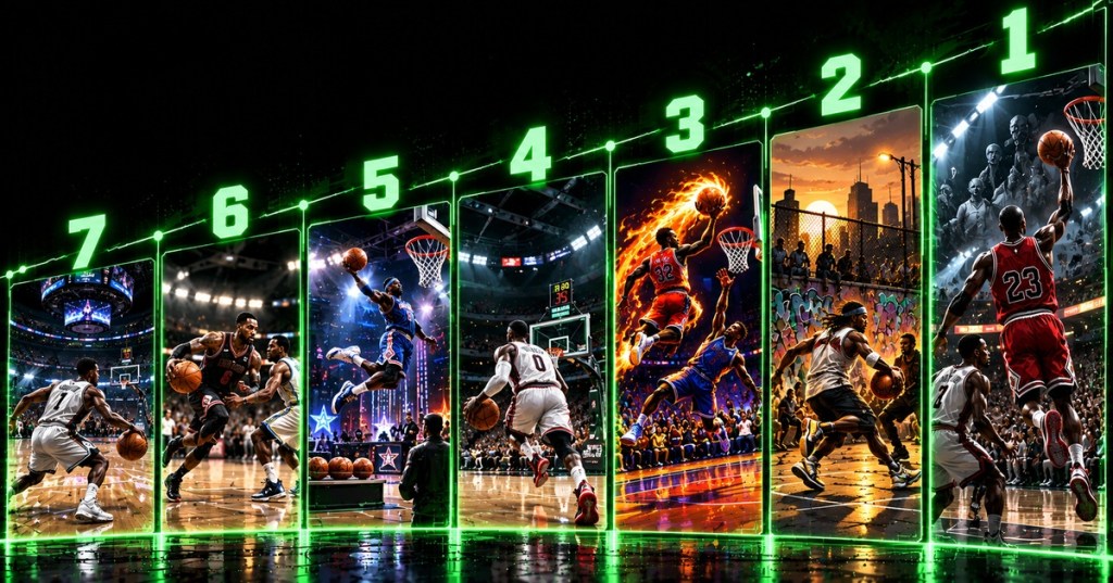 Countdown graphic showing seven basketball video game eras rising from number seven to number one, including simulation, arcade, streetball, dunk contest and Jordan-era imagery.