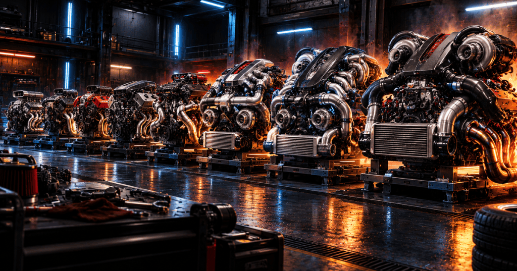 Wordless editorial illustration of seven increasingly powerful high-performance internal-combustion engines displayed in an industrial engineering workshop.
