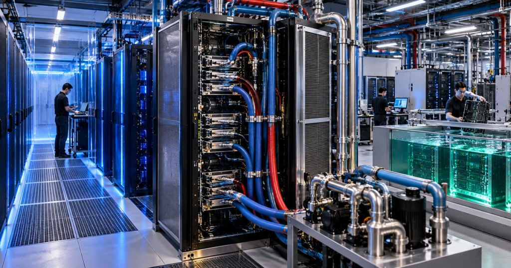 Realistic editorial view of AI data center racks using air cooling, direct-to-chip liquid cooling, coolant distribution equipment, and immersion cooling.