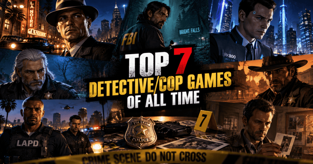 Cinematic noir collage of fictional detectives, police officers, urban investigations and crime scenes, with a Top 7 detective games headline.