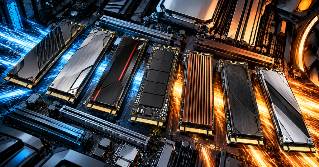 Seven high-performance M.2 NVMe SSDs arranged across a motherboard in wordless comic-style artwork.