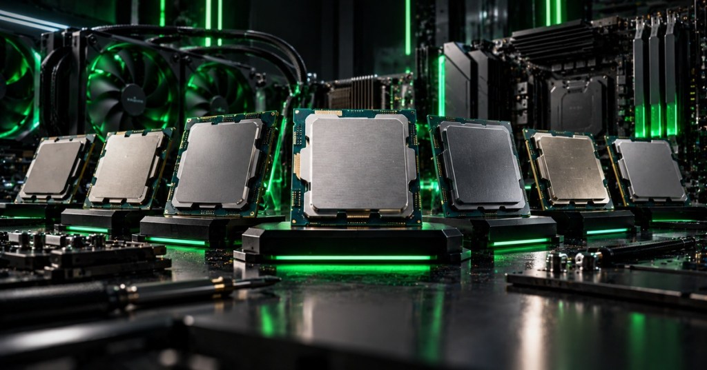 Seven high-performance desktop processors displayed in a dark studio with neon-green lighting and PC hardware in the background.