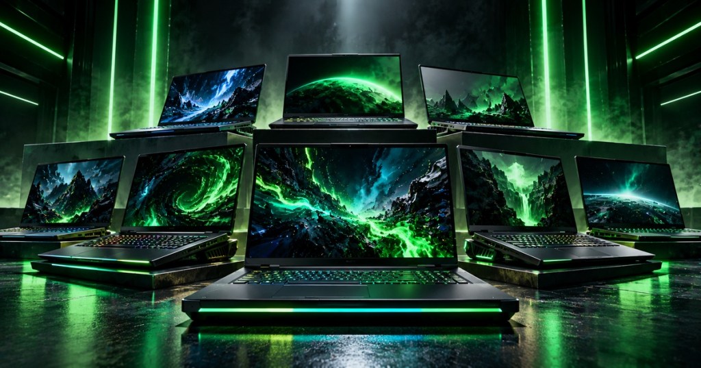 Seven high-performance laptops arranged in a dramatic green-lit studio countdown display.