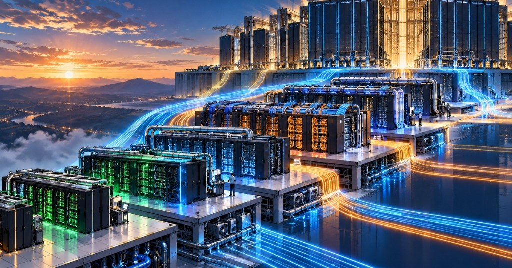 Wordless comic-style illustration of seven increasingly large supercomputer installations connected by glowing data streams.