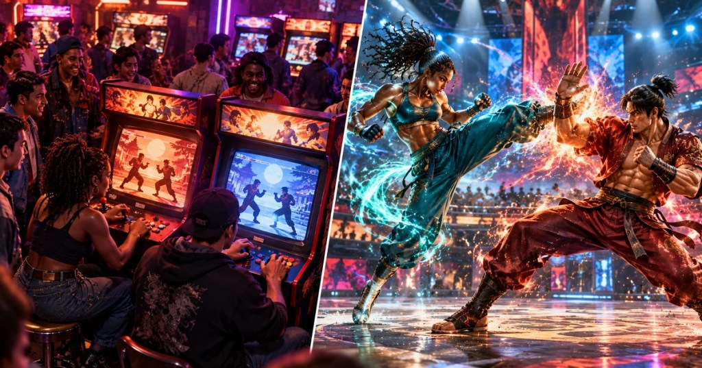Original split-screen editorial illustration showing diverse players at classic arcade fighting cabinets on the left and two original martial-arts video-game fighters clashing inside a modern esports arena on the right.