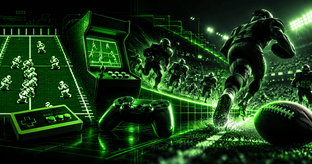 Wordless neon green and black illustration showing the evolution of American football video games from retro pixel graphics to modern 3D gameplay.