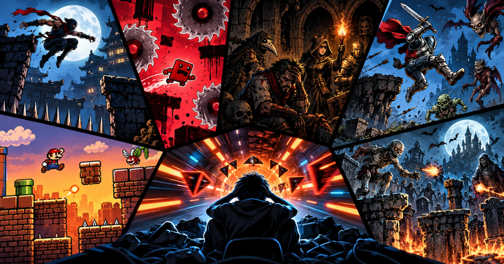 Wordless comic-style illustration representing seven demanding video-game challenges, including platform hazards, dungeon combat, speed runs and retro action.
