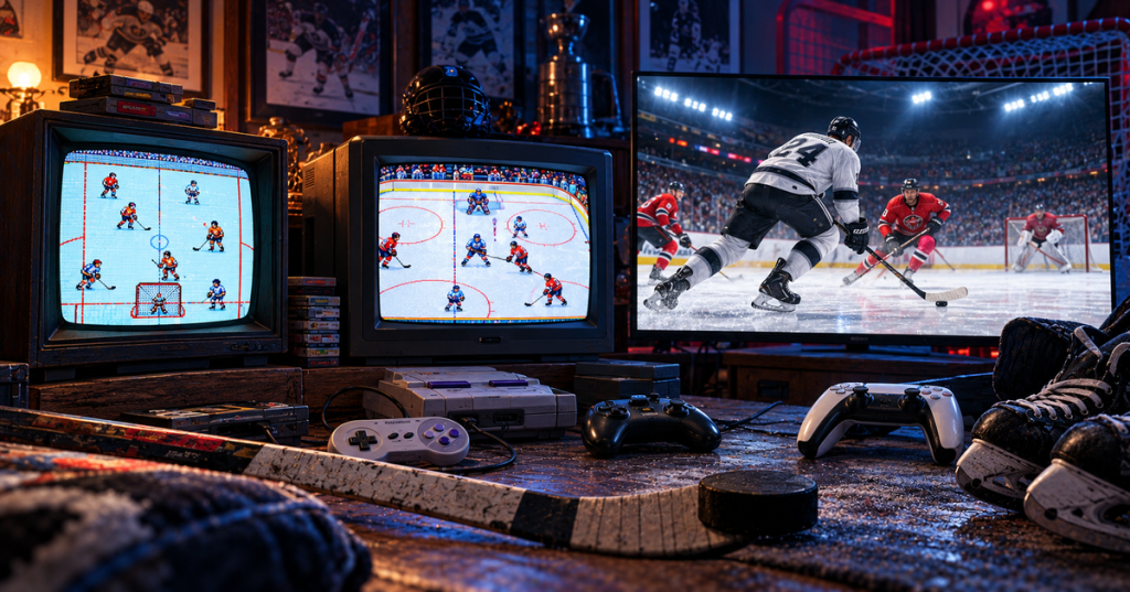 Wordless editorial image showing the evolution of hockey video games from pixel-era CRT hockey to modern high-definition simulation.